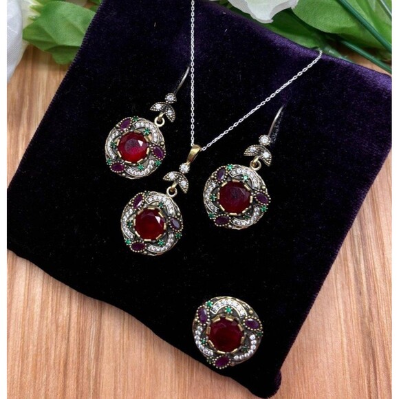 Handmade Jewelry - 925 Sterling Silver Turkish Vintage Jewelry Set  for Women,NEW,Antique,Handmade